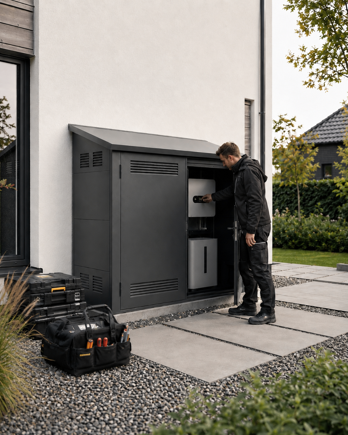 Installateur werkt aan een thuisbatterij in een Batterijhuisje buitenkast